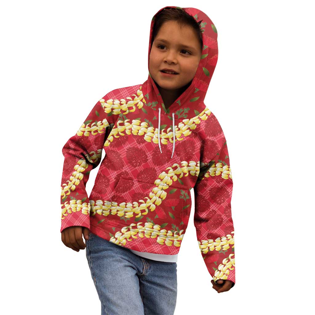 Red Palaka Hawaii Mele Kalikimaka Kid Hoodie Ohia Lehua Monstera Puakenikeni Lei LT14 - Polynesian Pride