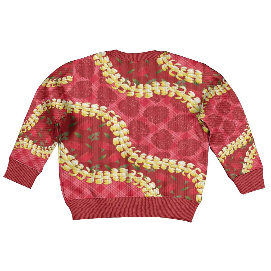 Red Palaka Hawaii Mele Kalikimaka Kid Ugly Christmas Sweater Ohia Lehua Monstera Puakenikeni Lei LT14 - Polynesian Pride