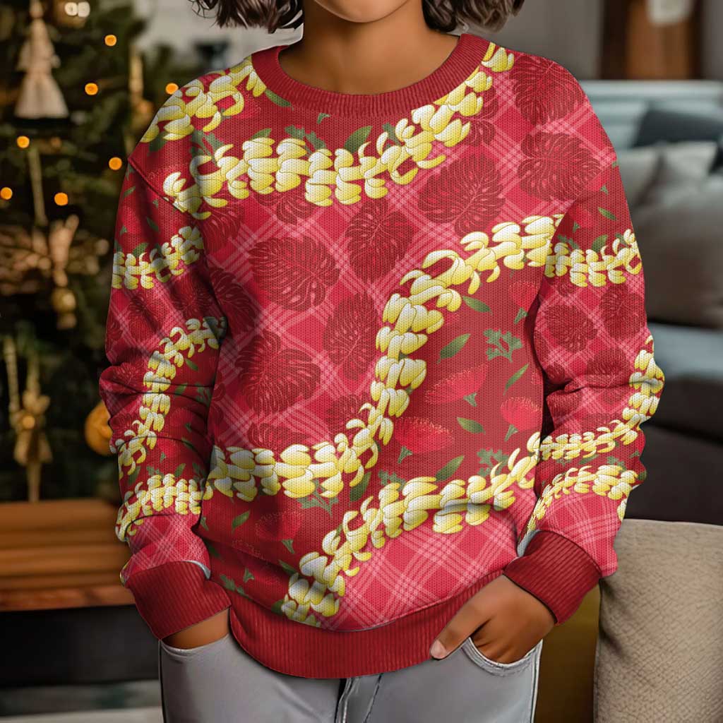 Red Palaka Hawaii Mele Kalikimaka Kid Ugly Christmas Sweater Ohia Lehua Monstera Puakenikeni Lei LT14 - Polynesian Pride
