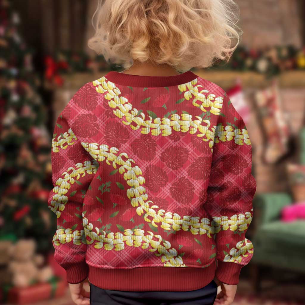 Red Palaka Hawaii Mele Kalikimaka Kid Ugly Christmas Sweater Ohia Lehua Monstera Puakenikeni Lei LT14 - Polynesian Pride
