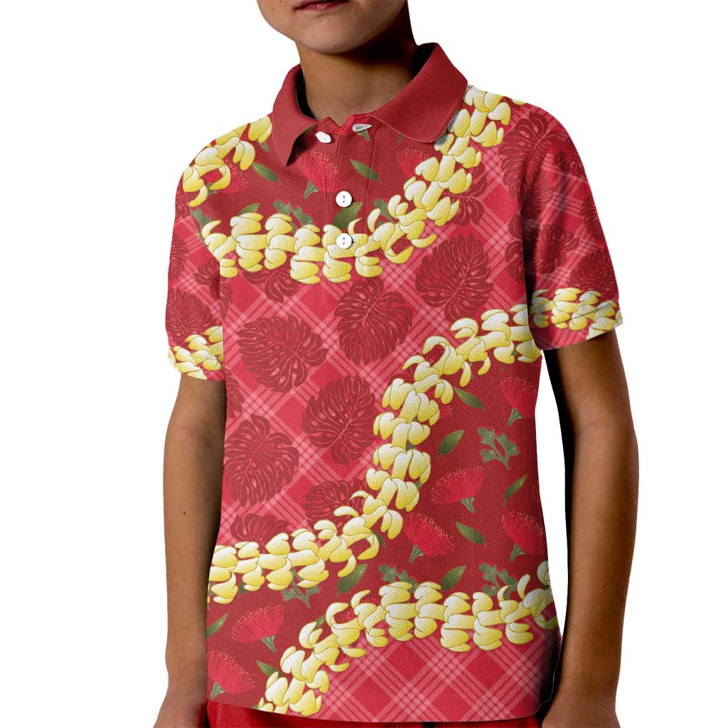 Red Palaka Hawaii Mele Kalikimaka Kid Polo Shirt Ohia Lehua Monstera Puakenikeni Lei LT14 Kid Red - Polynesian Pride