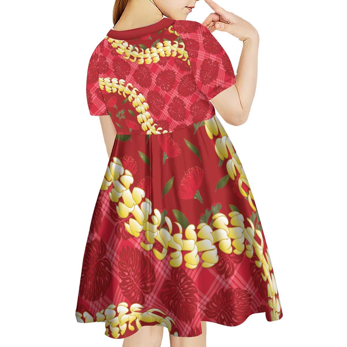 Red Palaka Hawaii Mele Kalikimaka Kid Short Sleeve Dress Ohia Lehua Monstera Puakenikeni Lei LT14 - Polynesian Pride
