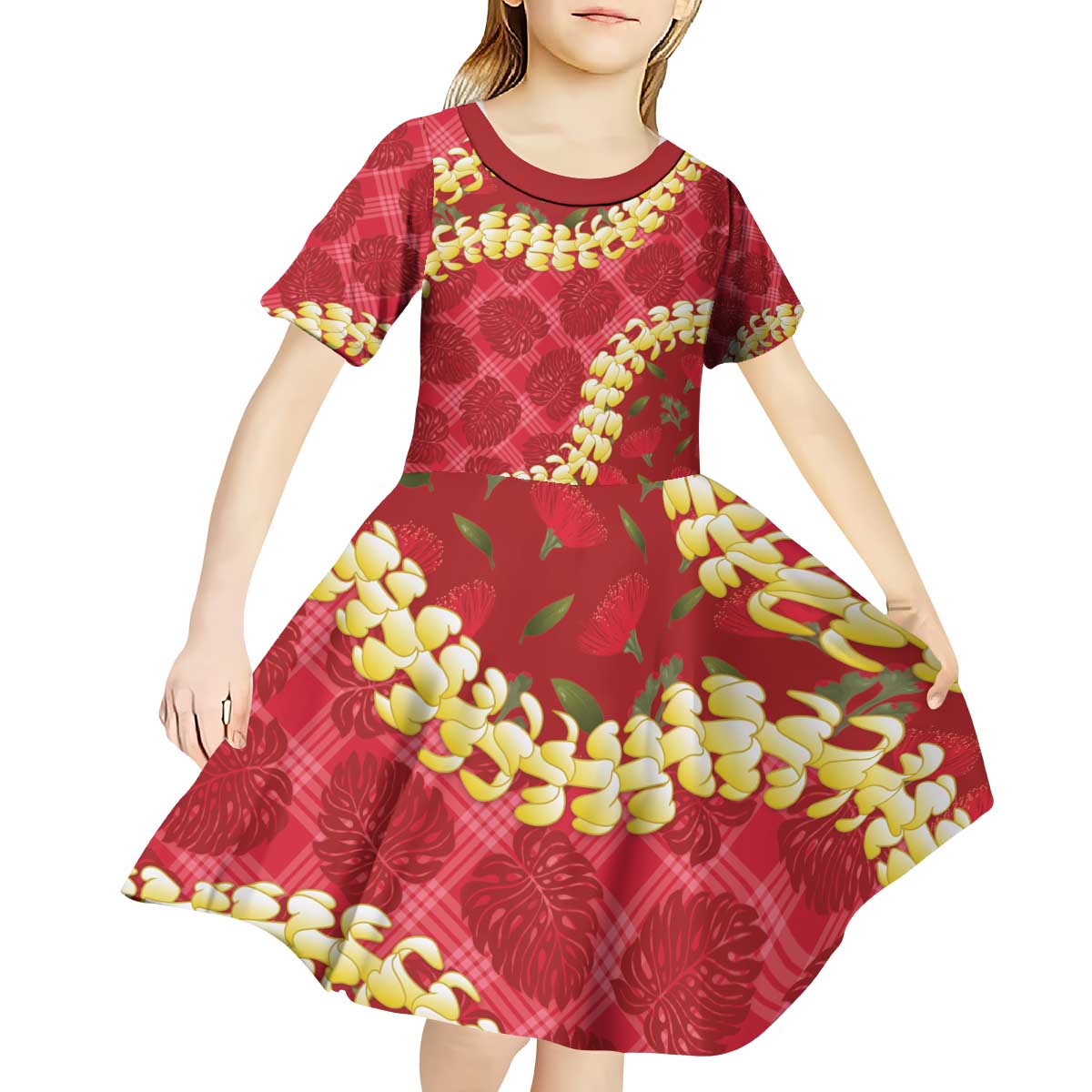 Red Palaka Hawaii Mele Kalikimaka Kid Short Sleeve Dress Ohia Lehua Monstera Puakenikeni Lei LT14 - Polynesian Pride