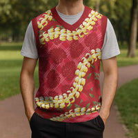 Red Palaka Hawaii Mele Kalikimaka Christmas Knitted V-Neck Vest Ohia Lehua Monstera Puakenikeni Lei LT14 - Polynesian Pride