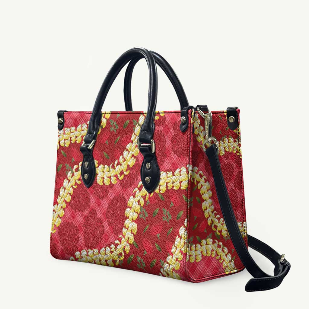 Red Palaka Hawaii Mele Kalikimaka Leather Bag Ohia Lehua Monstera Puakenikeni Lei - Polynesian Pride