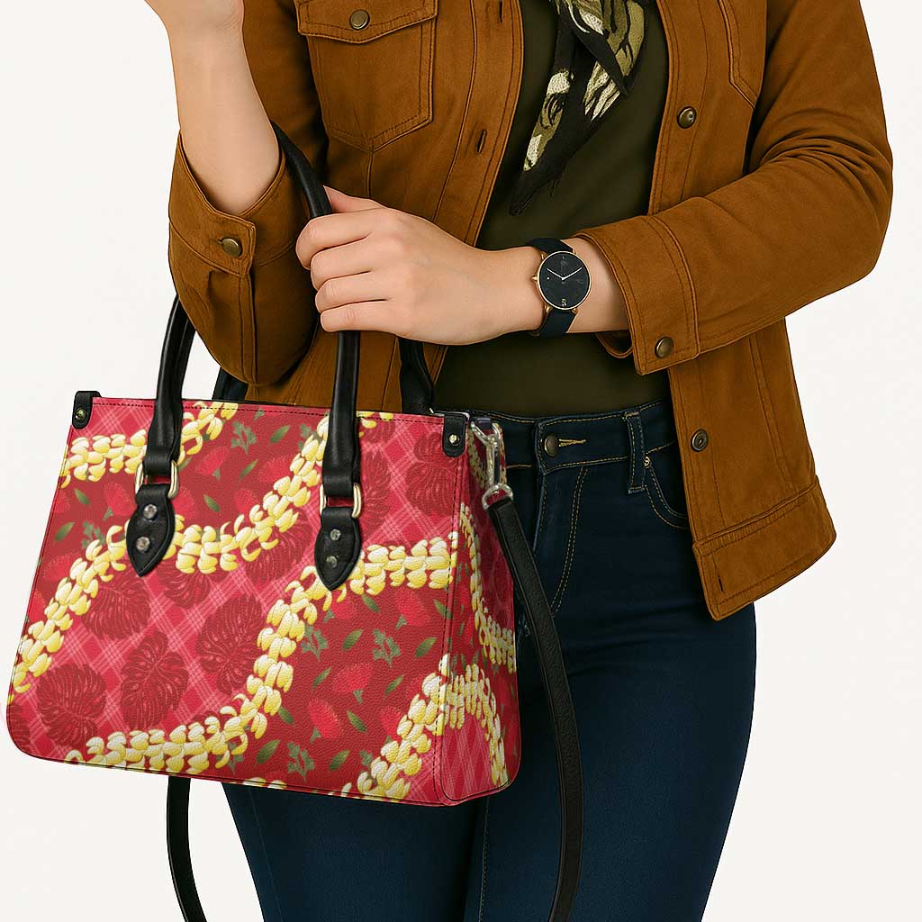 Red Palaka Hawaii Mele Kalikimaka Leather Bag Ohia Lehua Monstera Puakenikeni Lei - Polynesian Pride