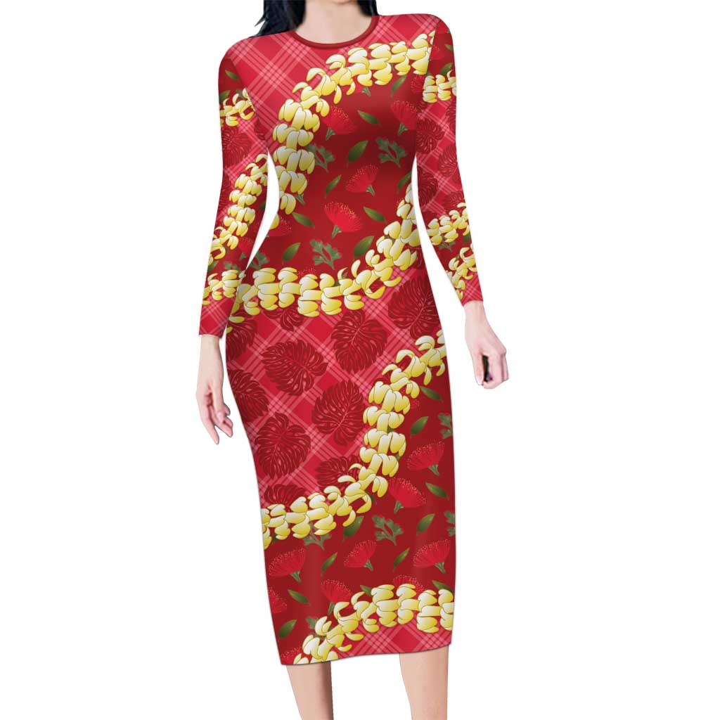 Red Palaka Hawaii Mele Kalikimaka Long Sleeve Bodycon Dress Ohia Lehua Monstera Puakenikeni Lei LT14 Long Dress Red - Polynesian Pride