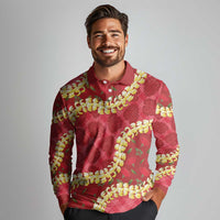 Red Palaka Hawaii Mele Kalikimaka Long Sleeve Polo Shirt Ohia Lehua Monstera Puakenikeni Lei LT14 - Polynesian Pride