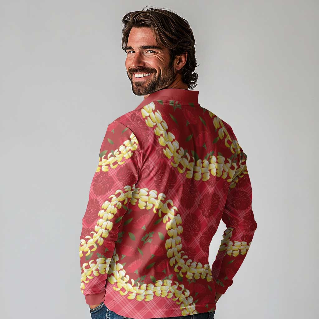 Red Palaka Hawaii Mele Kalikimaka Long Sleeve Polo Shirt Ohia Lehua Monstera Puakenikeni Lei LT14 - Polynesian Pride