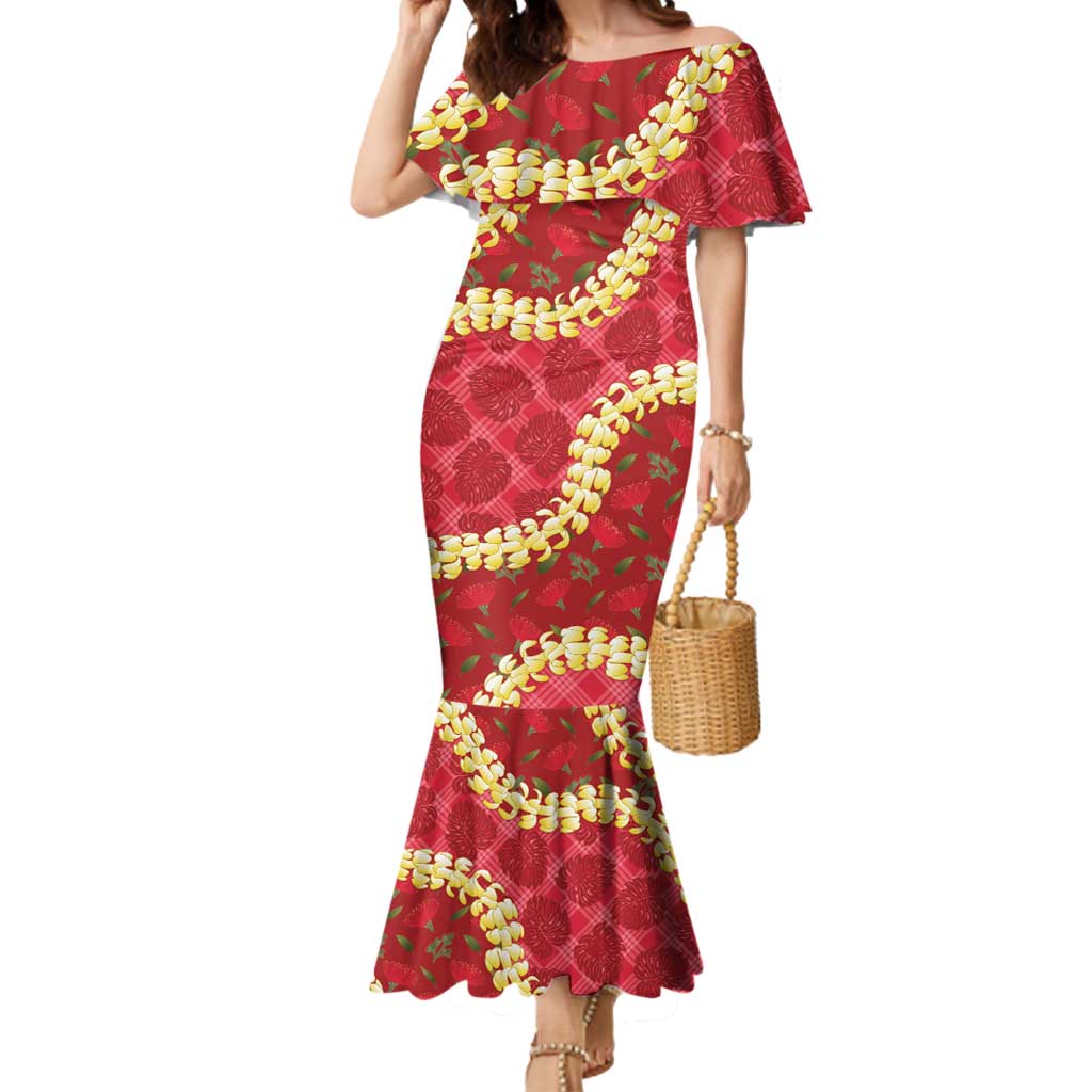 Red Palaka Hawaii Mele Kalikimaka Mermaid Dress Ohia Lehua Monstera Puakenikeni Lei LT14 Women Red - Polynesian Pride