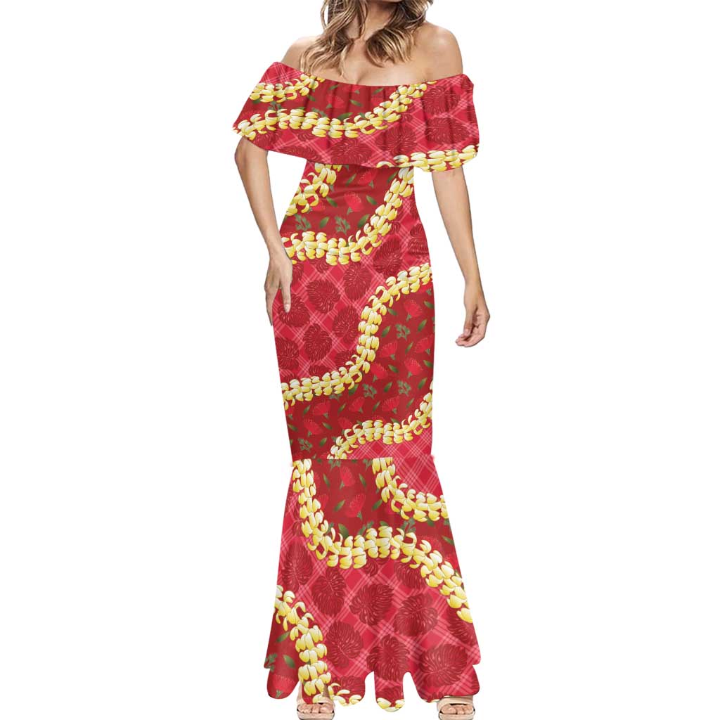 Red Palaka Hawaii Mele Kalikimaka Mermaid Dress Ohia Lehua Monstera Puakenikeni Lei LT14 - Polynesian Pride