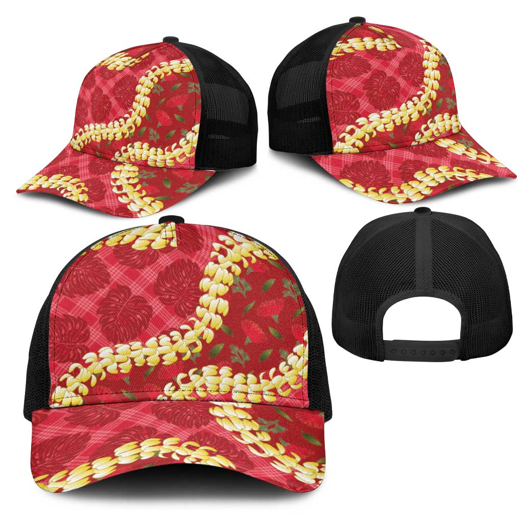Red Palaka Hawaii Mele Kalikimaka Mesh Trucker Cap Ohia Lehua Monstera Puakenikeni Lei - Polynesian Pride