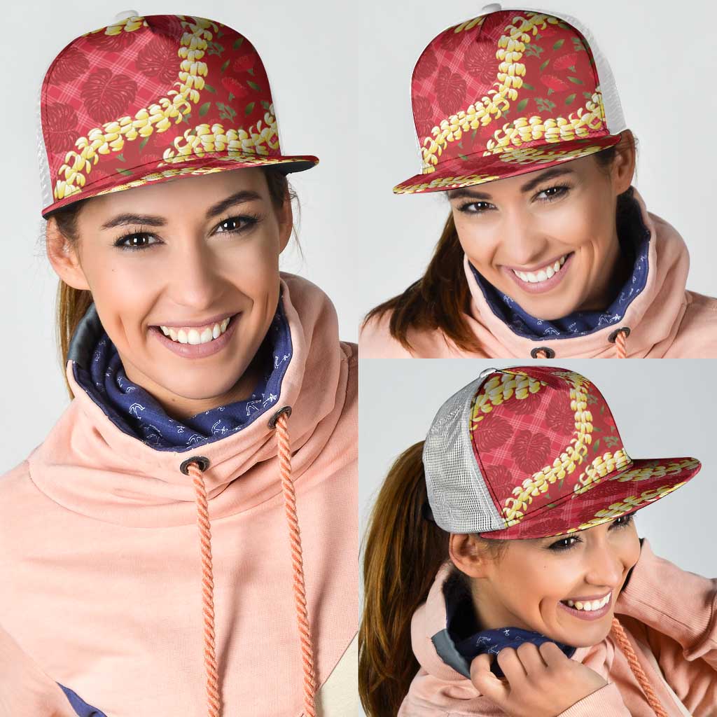 Red Palaka Hawaii Mele Kalikimaka Mesh Trucker Cap Ohia Lehua Monstera Puakenikeni Lei - Polynesian Pride