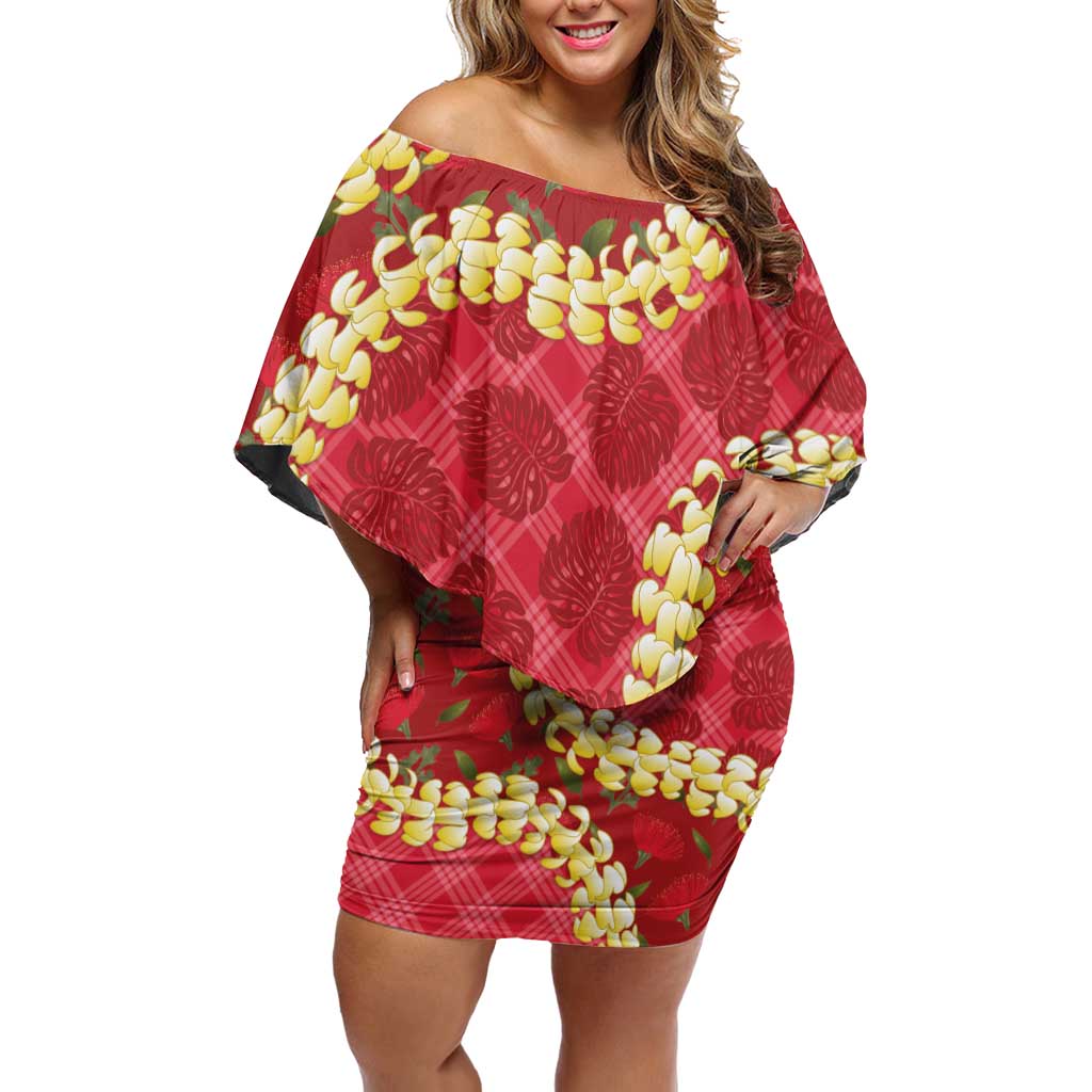 Red Palaka Hawaii Mele Kalikimaka Off Shoulder Short Dress Ohia Lehua Monstera Puakenikeni Lei LT14 Women Red - Polynesian Pride