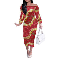 Red Palaka Hawaii Mele Kalikimaka Off The Shoulder Long Sleeve Dress Ohia Lehua Monstera Puakenikeni Lei LT14 Women Red - Polynesian Pride