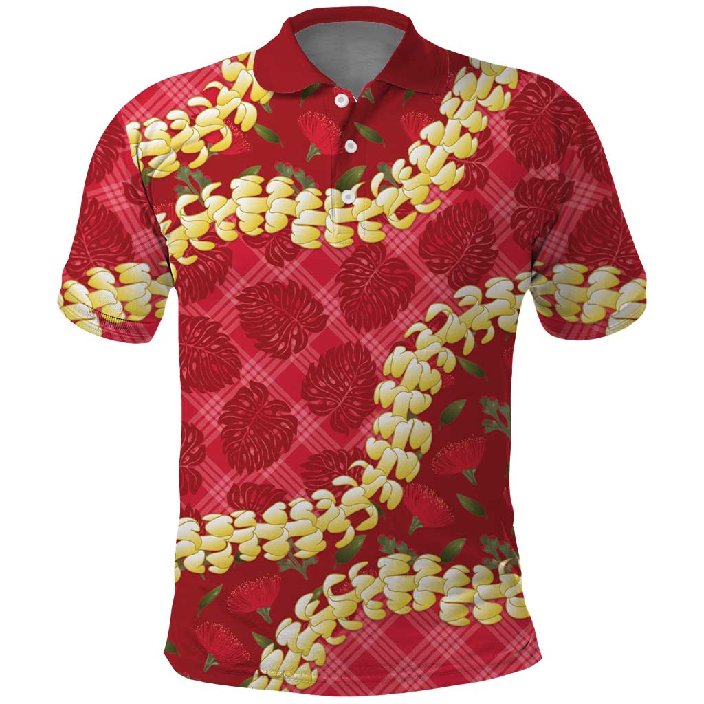 Red Palaka Hawaii Mele Kalikimaka Polo Shirt Ohia Lehua Monstera Puakenikeni Lei LT14 Red - Polynesian Pride