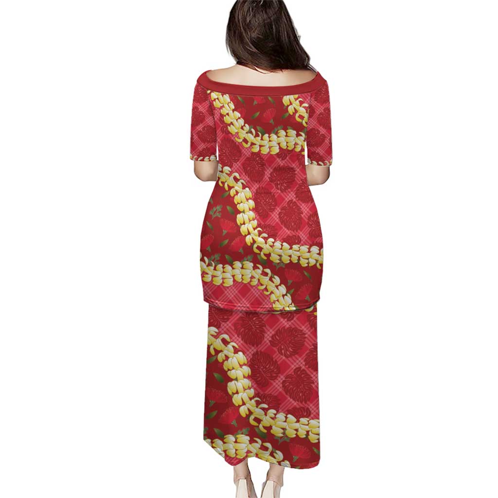 Red Palaka Hawaii Mele Kalikimaka Puletasi Ohia Lehua Monstera Puakenikeni Lei LT14 - Polynesian Pride