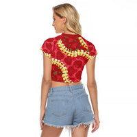 Red Palaka Hawaii Mele Kalikimaka Raglan Cropped T Shirt Ohia Lehua Monstera Puakenikeni Lei LT14 - Polynesian Pride