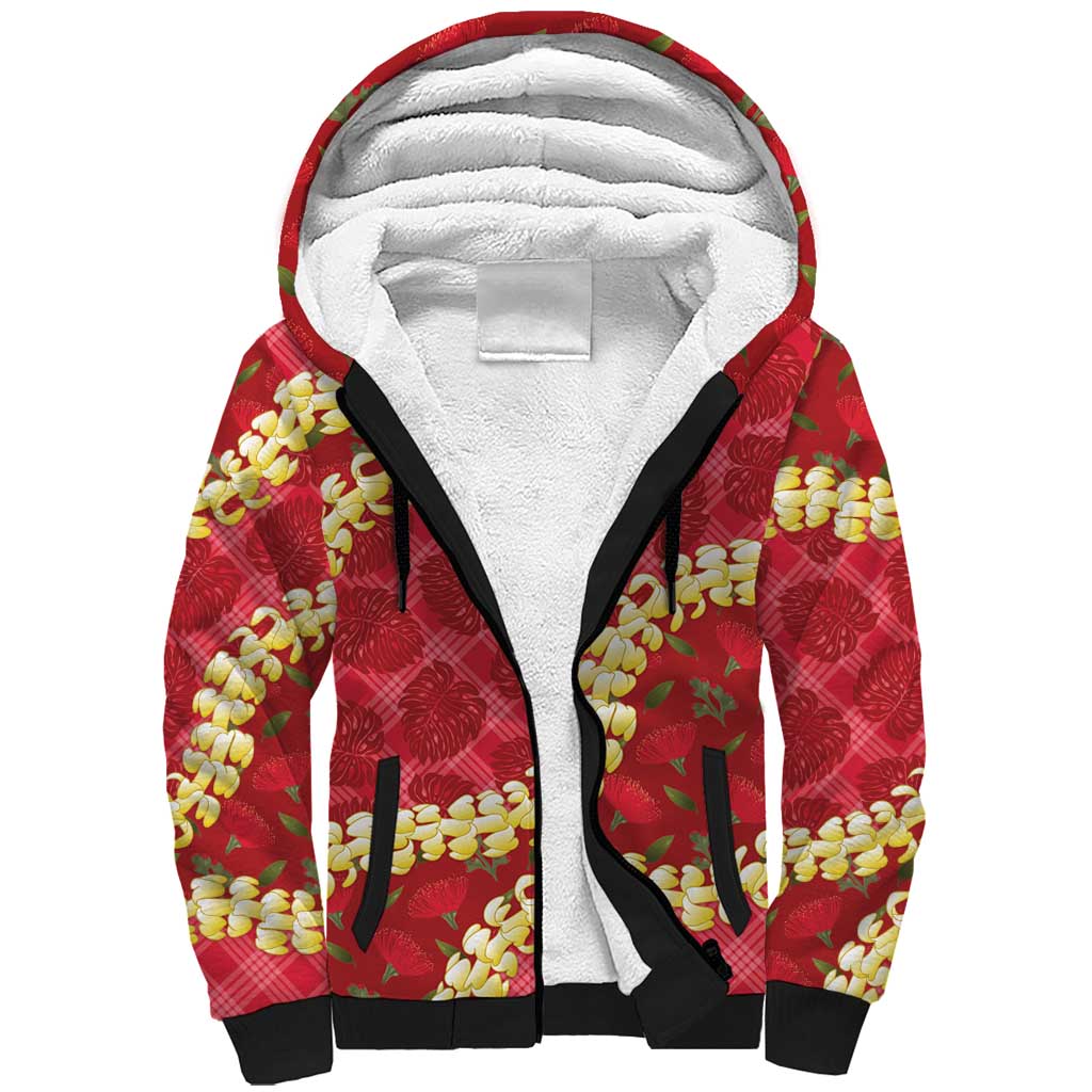 Red Palaka Hawaii Mele Kalikimaka Sherpa Hoodie Ohia Lehua Monstera Puakenikeni Lei LT14 Unisex Red - Polynesian Pride