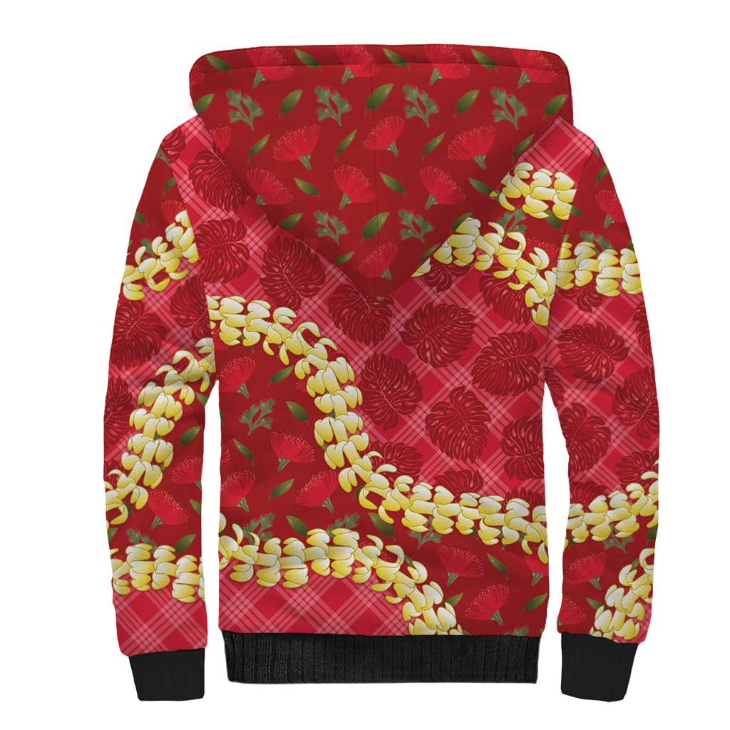 Red Palaka Hawaii Mele Kalikimaka Sherpa Hoodie Ohia Lehua Monstera Puakenikeni Lei LT14 - Polynesian Pride