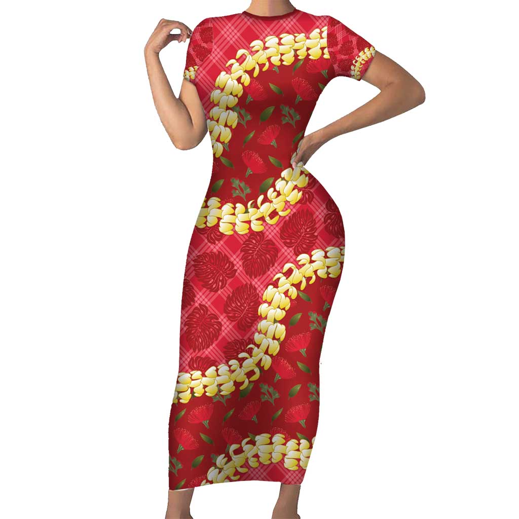 Red Palaka Hawaii Mele Kalikimaka Short Sleeve Bodycon Dress Ohia Lehua Monstera Puakenikeni Lei LT14 Long Dress Red - Polynesian Pride