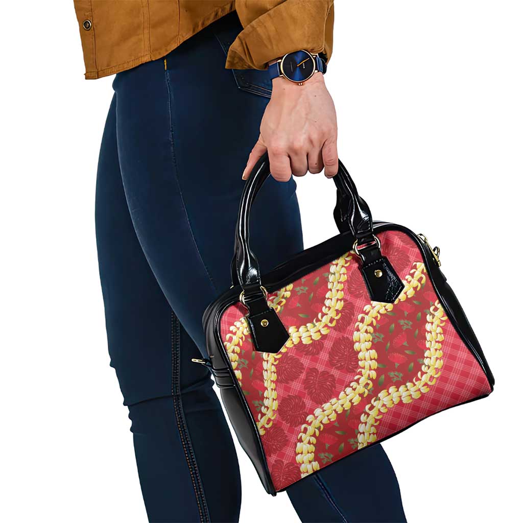 Red Palaka Hawaii Mele Kalikimaka Shoulder Handbag Ohia Lehua Monstera Puakenikeni Lei - Polynesian Pride