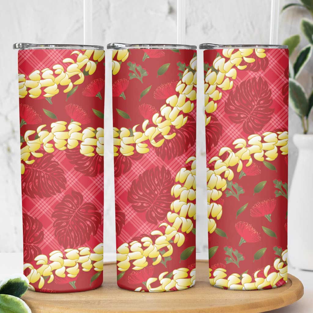 Red Palaka Hawaii Mele Kalikimaka Skinny Tumbler Ohia Lehua Monstera Puakenikeni Lei LT14 - Polynesian Pride