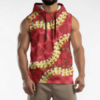 Red Palaka Hawaii Mele Kalikimaka Sleeveless Hoodie Ohia Lehua Monstera Puakenikeni Lei LT14 - Polynesian Pride