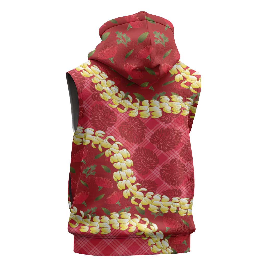 Red Palaka Hawaii Mele Kalikimaka Sleeveless Zip Hoodie Ohia Lehua Monstera Puakenikeni Lei LT14 - Polynesian Pride