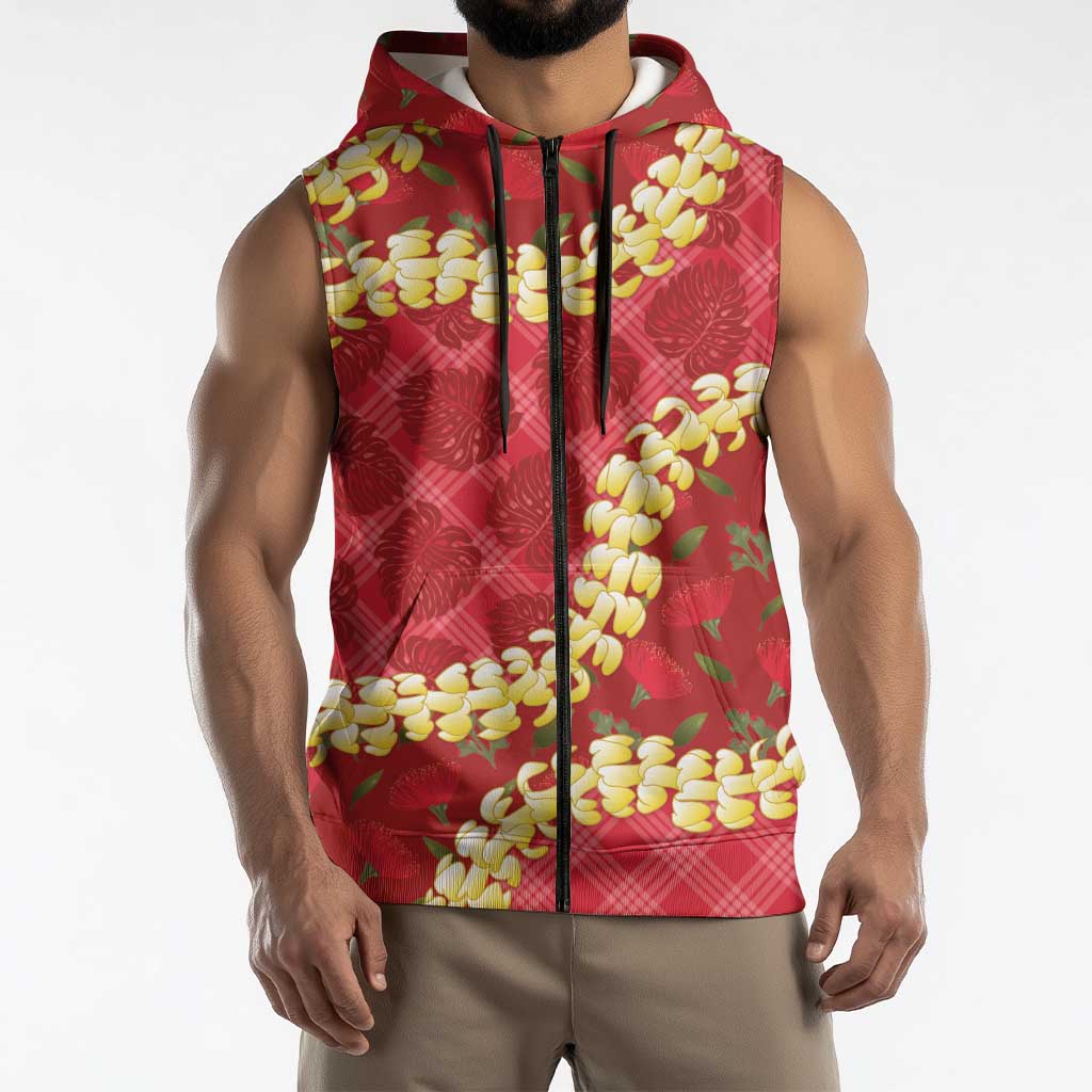 Red Palaka Hawaii Mele Kalikimaka Sleeveless Zip Hoodie Ohia Lehua Monstera Puakenikeni Lei LT14 - Polynesian Pride