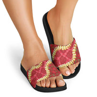 Red Palaka Hawaii Mele Kalikimaka Slide Sandals Ohia Lehua Monstera Puakenikeni Lei - Polynesian Pride