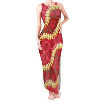 Red Palaka Hawaii Mele Kalikimaka Tank Maxi Dress Ohia Lehua Monstera Puakenikeni Lei LT14 Women Red - Polynesian Pride