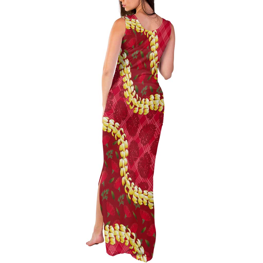 Red Palaka Hawaii Mele Kalikimaka Tank Maxi Dress Ohia Lehua Monstera Puakenikeni Lei LT14 - Polynesian Pride