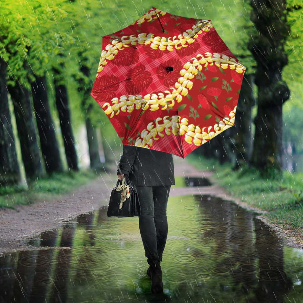 Red Palaka Hawaii Mele Kalikimaka Umbrella Ohia Lehua Monstera Puakenikeni Lei - Polynesian Pride
