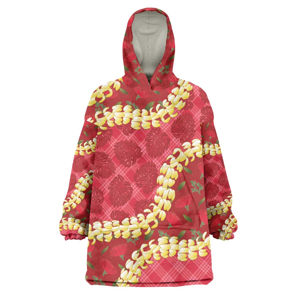 Red Palaka Hawaii Mele Kalikimaka Wearable Blanket Hoodie Ohia Lehua Monstera Puakenikeni Lei LT14 One Size Red - Polynesian Pride