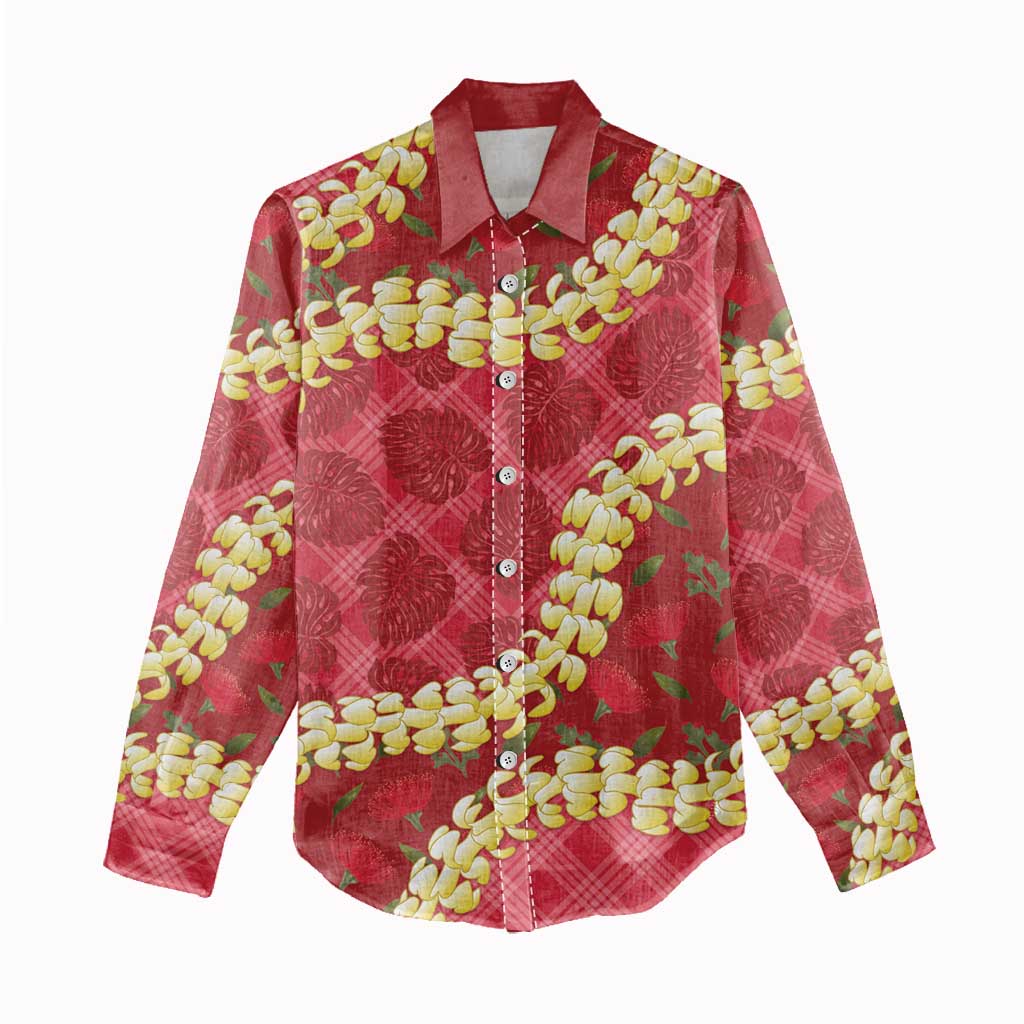Red Palaka Hawaii Mele Kalikimaka Women Casual Shirt Ohia Lehua Monstera Puakenikeni Lei LT14 - Polynesian Pride