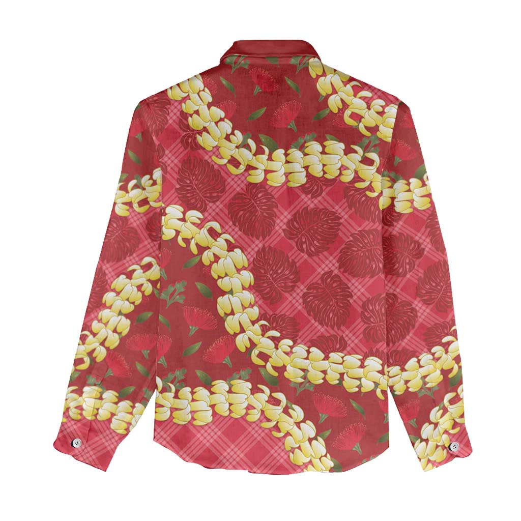 Red Palaka Hawaii Mele Kalikimaka Women Casual Shirt Ohia Lehua Monstera Puakenikeni Lei LT14 - Polynesian Pride