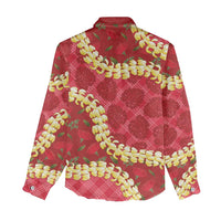 Red Palaka Hawaii Mele Kalikimaka Women Casual Shirt Ohia Lehua Monstera Puakenikeni Lei LT14 - Polynesian Pride
