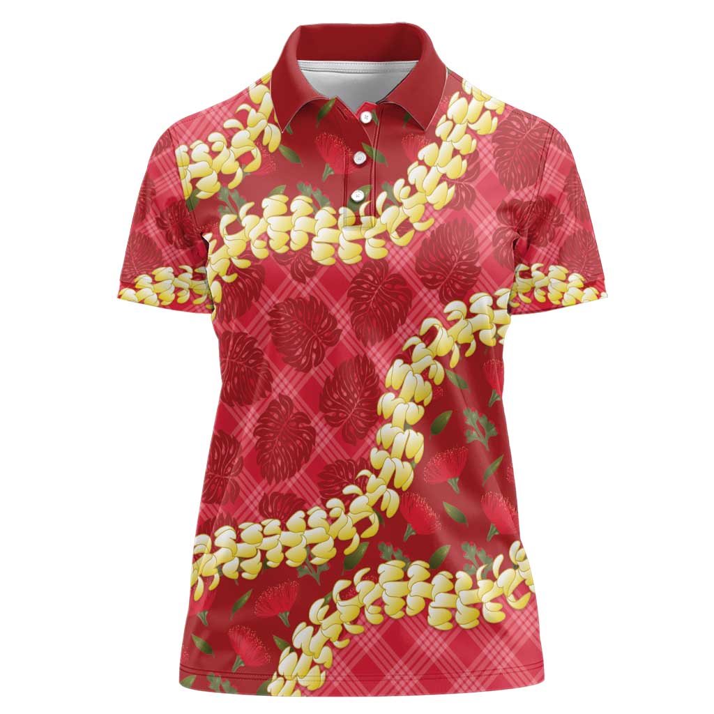 Red Palaka Hawaii Mele Kalikimaka Women Polo Shirt Ohia Lehua Monstera Puakenikeni Lei LT14 Female Red - Polynesian Pride