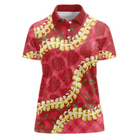 Red Palaka Hawaii Mele Kalikimaka Women Polo Shirt Ohia Lehua Monstera Puakenikeni Lei LT14 Female Red - Polynesian Pride