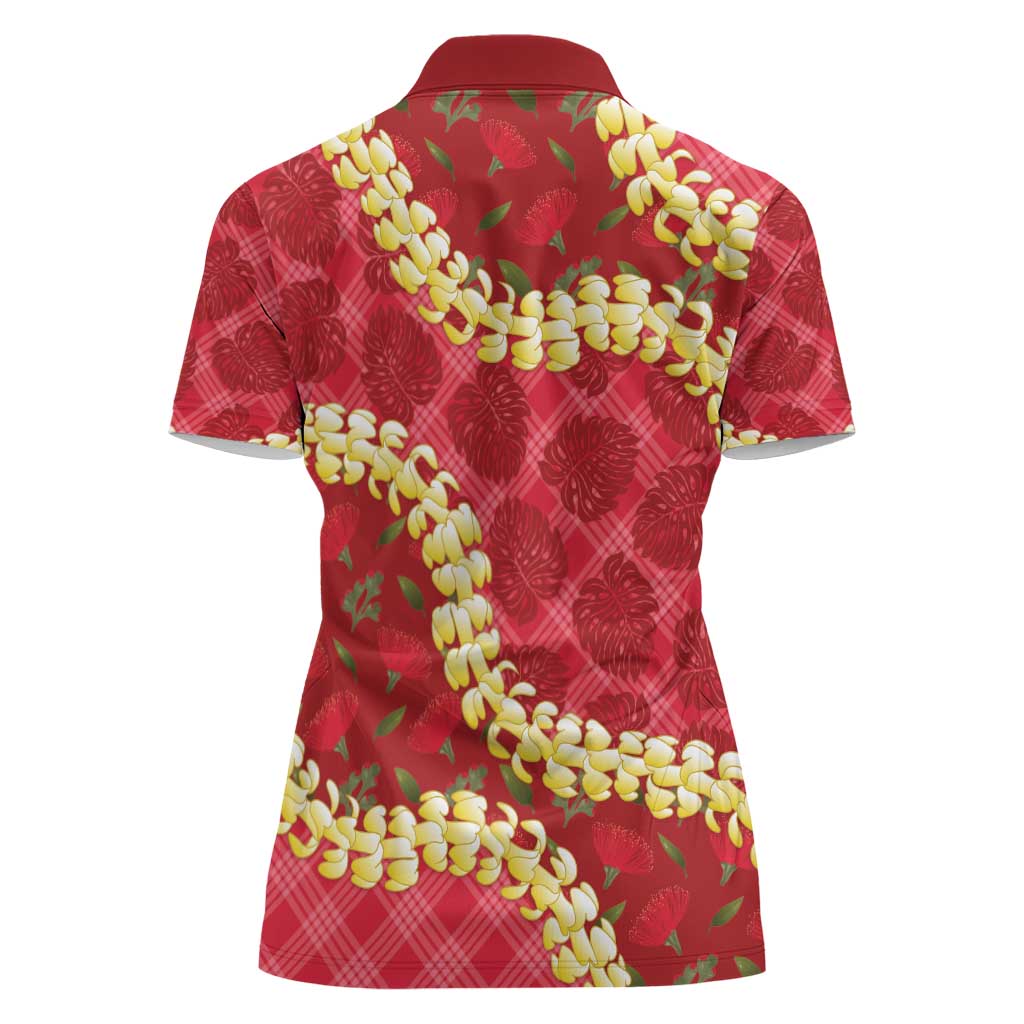 Red Palaka Hawaii Mele Kalikimaka Women Polo Shirt Ohia Lehua Monstera Puakenikeni Lei LT14 - Polynesian Pride