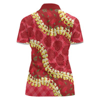 Red Palaka Hawaii Mele Kalikimaka Women Polo Shirt Ohia Lehua Monstera Puakenikeni Lei LT14 - Polynesian Pride