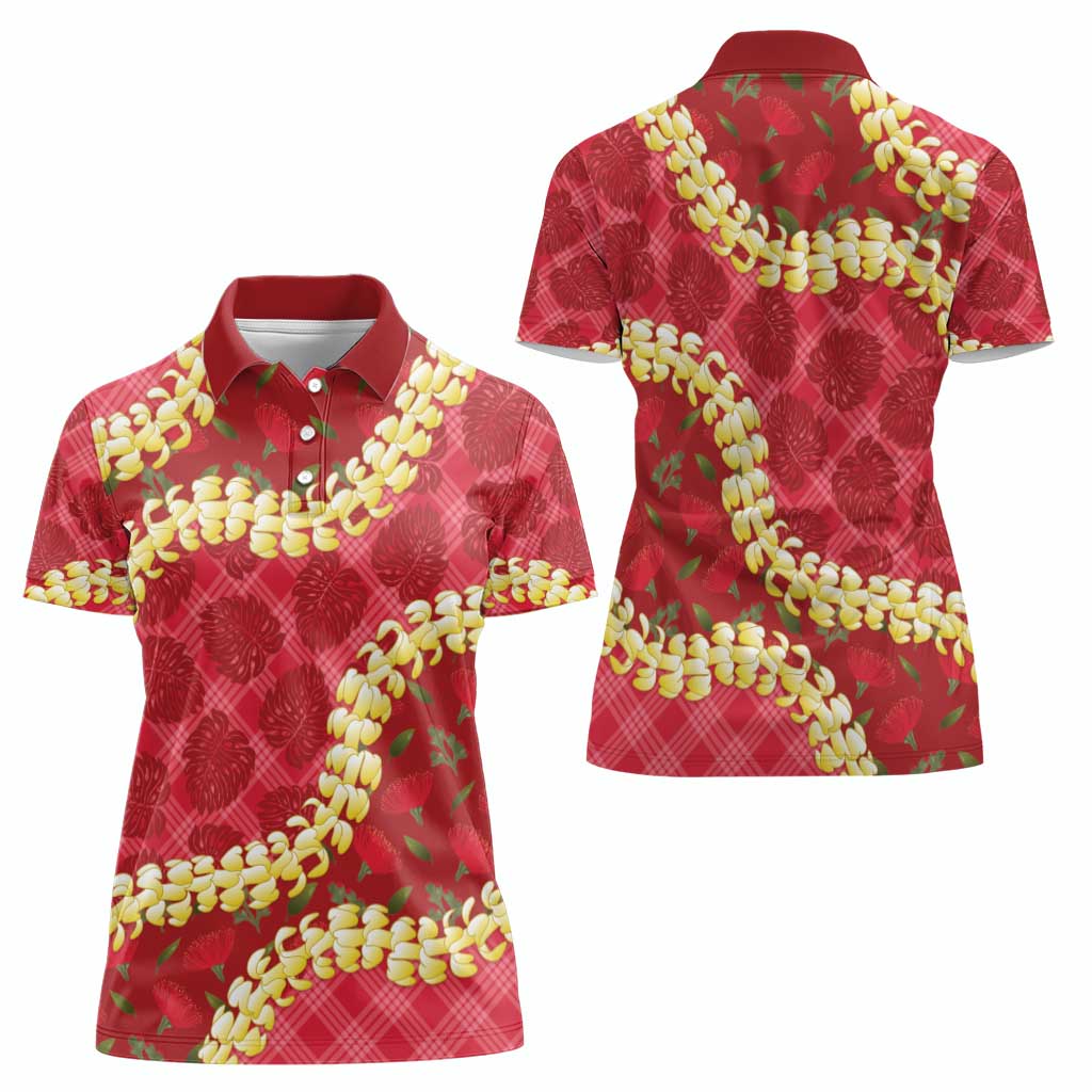 Red Palaka Hawaii Mele Kalikimaka Women Polo Shirt Ohia Lehua Monstera Puakenikeni Lei LT14 - Polynesian Pride