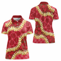Red Palaka Hawaii Mele Kalikimaka Women Polo Shirt Ohia Lehua Monstera Puakenikeni Lei LT14 - Polynesian Pride