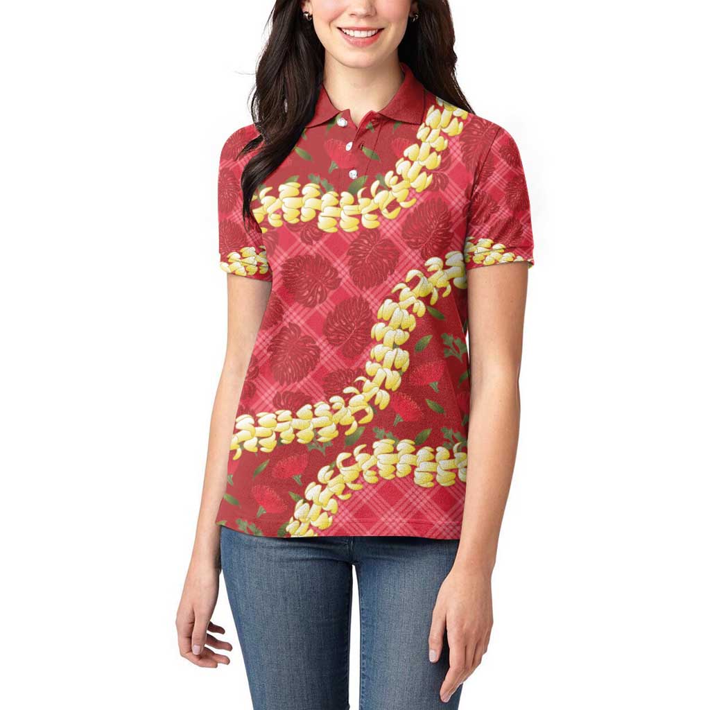 Red Palaka Hawaii Mele Kalikimaka Women Polo Shirt Ohia Lehua Monstera Puakenikeni Lei LT14 - Polynesian Pride
