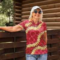 Red Palaka Hawaii Mele Kalikimaka Women Polo Shirt Ohia Lehua Monstera Puakenikeni Lei LT14 - Polynesian Pride