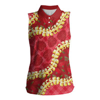 Red Palaka Hawaii Mele Kalikimaka Women Sleeveless Polo Shirt Ohia Lehua Monstera Puakenikeni Lei LT14 Female Red - Polynesian Pride