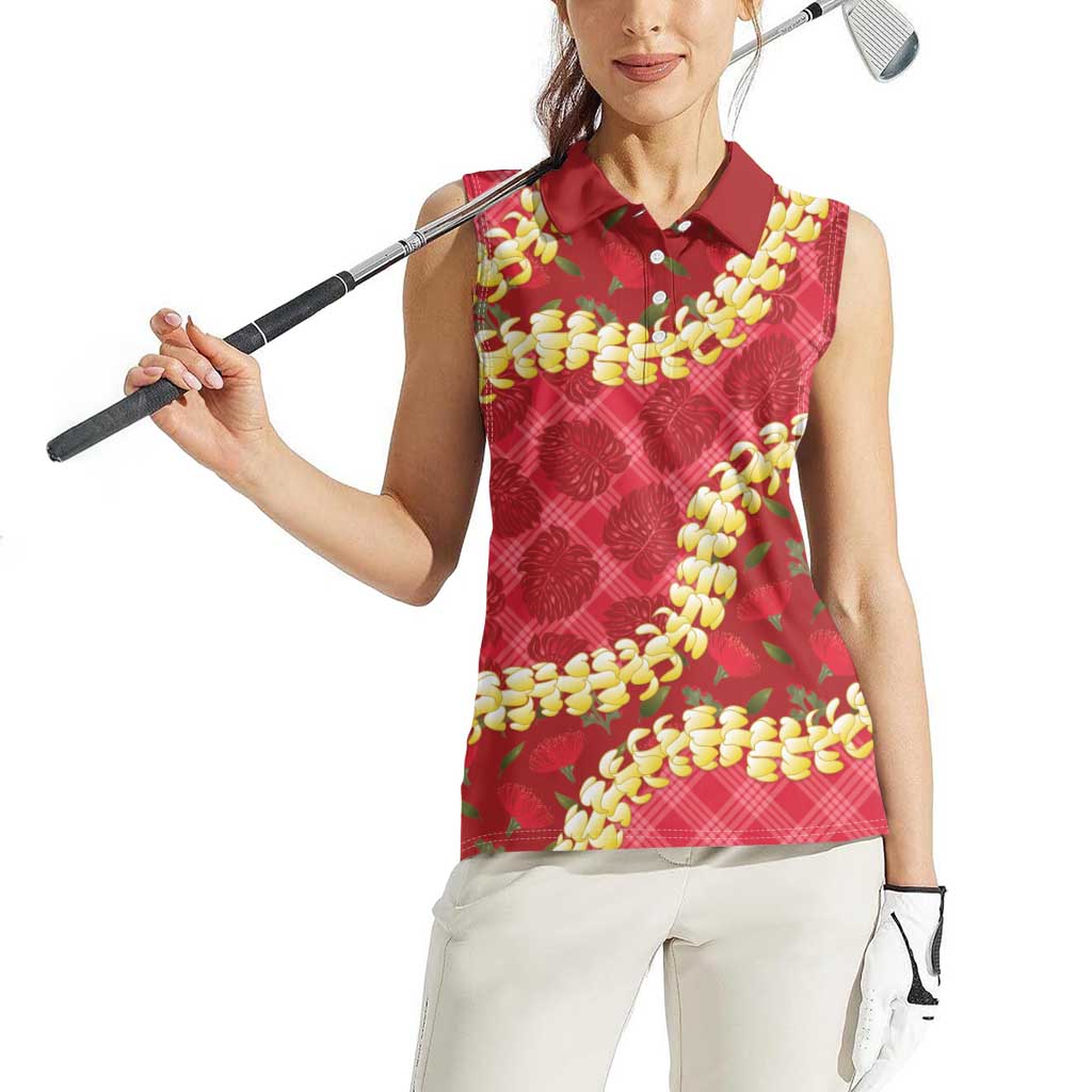 Red Palaka Hawaii Mele Kalikimaka Women Sleeveless Polo Shirt Ohia Lehua Monstera Puakenikeni Lei LT14 - Polynesian Pride