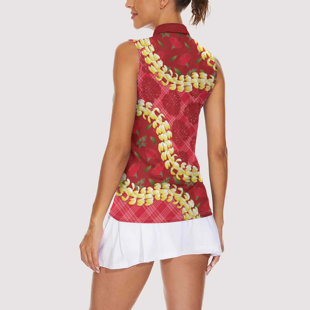 Red Palaka Hawaii Mele Kalikimaka Women Sleeveless Polo Shirt Ohia Lehua Monstera Puakenikeni Lei LT14 - Polynesian Pride