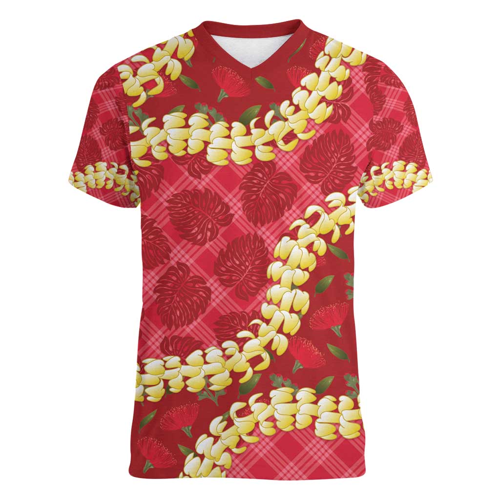 Red Palaka Hawaii Mele Kalikimaka Women V-Neck T-Shirt Ohia Lehua Monstera Puakenikeni Lei LT14 Female Red - Polynesian Pride